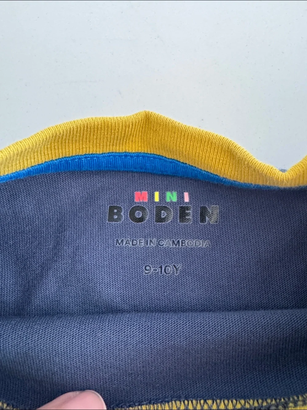Mini Boden Navy Long-Sleeve Tee with Yellow Pocket & Stripe Accents